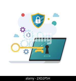 Gold key try to unlock laptop with mechanic gear background. Antivirus protection. Vector illustration Stock Vector