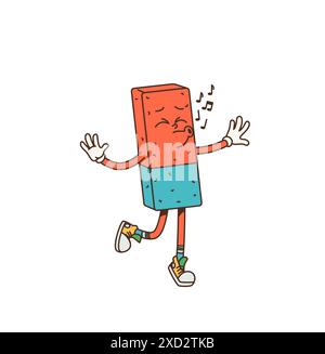 Cartoon retro groovy eraser character. Isolated vector eraser tool dancing joyfully with eyes closed and musical notes around. School or office rubber charming stationery personage singing or humming Stock Vector