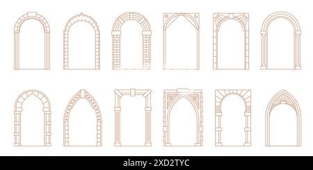 Art deco arch window and door frames, entrance doorways and gateway, vector architectural line drawing. Ancient classic architecture arch doors with arcs of Medieval temple, palace or mosque doorways Stock Vector