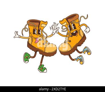 Cartoon travel boots retro groovy camp and tourism characters. Isolated vector pair of orange colored footwear personages with happy faces and tongues out, dancing joyfully ready for hiking adventure Stock Vector