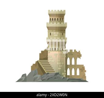 Cartoon castle, kingdom palace. Isolated vector ancient medieval or fairytale, partially ruined tower structure features a spiral staircase, arched windows,and weathered stone walls set on rocky base Stock Vector