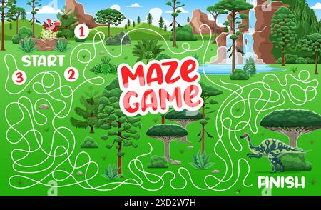 Labyrinth maze game, help to dino kid to find mother dinosaur, vector quiz worksheet. Funny cute dinosaurs in Jurassic park game with baby dino to find way out to mother from labyrinth puzzle Stock Vector