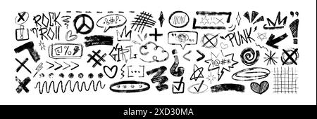 Grafitti charcoal punk symbols. Hand drawn doodle crayon stars, crown, curly lines. Black coal speech bubbles with swear words, insults or curses. Chalk pencil abstract scribbles, scrawls, check marks Stock Vector
