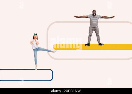 Composite artwork collage image picture of two mini people dialogue bubble platform isolated on creative background Stock Photo