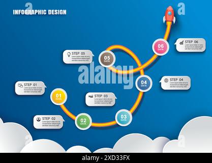 Startup business infographics with 6 data template. Illustration abstract rocket paper art on blue background. Stock Vector