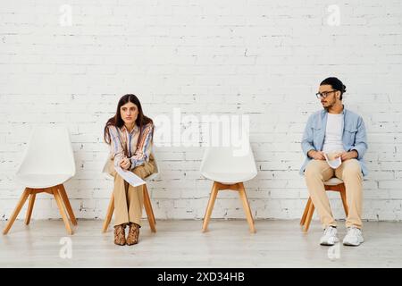 Diverse group sitting in chairs, preparing for job interviews. Stock Photo