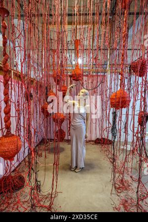 RCA, Battersea London 20 June 2024 A visitor photographs Untitled by Susan Young (MA Sculpture). RCA2024 is a series of exhibitions, events and activities showcasing the work of graduating students at the Royal College of Art, London, running from 20 June to 4 August. Credit: Paul Quezada-Neiman/Alamy Live News Stock Photo