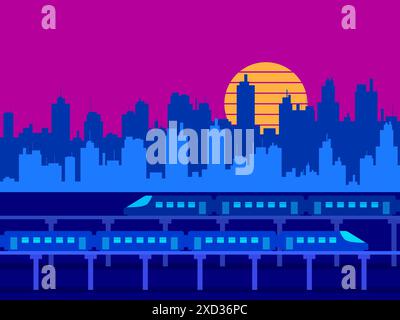 Modern cityscape with trains and skyscrapers. View of the city at sunset with the sun in retro 80s style. Cityscape in the style of cyberpunk, synthwa Stock Vector