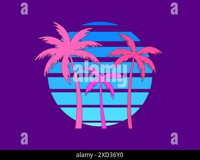 Palm trees at sunset in retro 80s style. Silhouettes of palm trees and the sun with a black outline in the style of retro-futurism, synthwave and retr Stock Vector