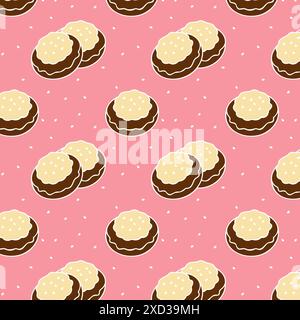 Pattern with chocolate cookies with icing, sprinkled with sesame seeds, on pink background. Vector illustration Stock Vector