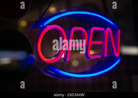 Neon Open Sign in Window Stock Photo