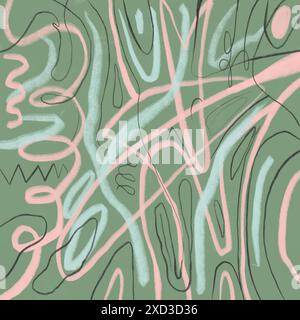 This playful background pattern features a whimsical mix of squiggles, lines, and abstract shapes in soft green and pink hues on a textured surface. Stock Photo