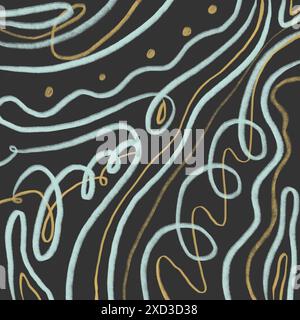 Abstract wavy lines pattern with a playful touch of gold dots on a dark background creating a fun and appealing design for various uses. Stock Photo