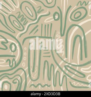 This playful, abstract illustration features a seamless pattern of whimsical hand-drawn shapes and icons in soft pastel hues, perfect for creative bac Stock Photo