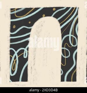 An abstract illustration featuring a whimsical mix of curving lines and geometric shapes in soothing pastel hues on a textured background. Stock Photo