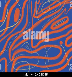 A playful illustration featuring a chaotic pattern of orange swirls and white strokes set against a bold blue background. Stock Photo