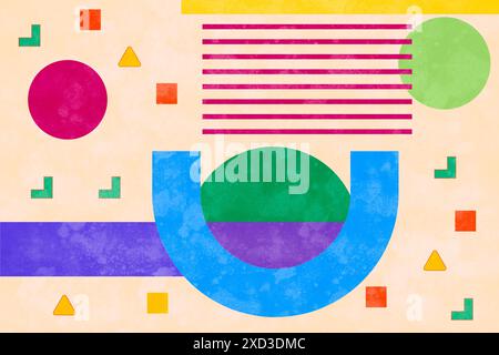 A vibrant illustration featuring assorted geometric shapes, such as circles, squares, and triangles, on a textured, pastel-colored background. Stock Photo