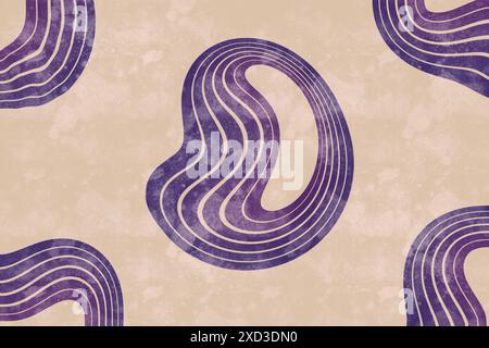 This illustration features abstract purple wavy lines layered over a beige textured background, suitable for various creative projects Stock Photo