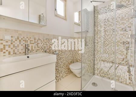 A contemporary bathroom features wall-to-wall mosaic tiling, a glass shower stall, and a white vanity under a mirrored cabinet, illuminated by natural Stock Photo