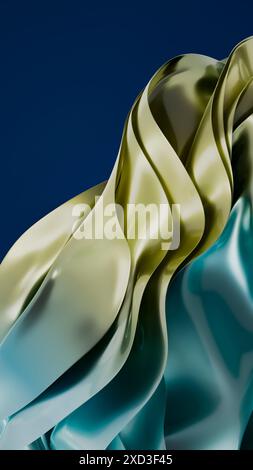 Glossy 3D waves mimicking metallic car paint flow in a seamless abstract design, with a gradient from green to blue against a deep blue background Stock Photo