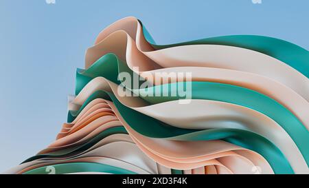 A stunning image of a 3D abstract composed of light pink and blue layered fabric, creating a fluid and dynamic texture on a serene blue background Stock Photo