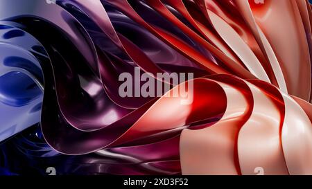 This image captures the essence of luxurious 3D car paint waves with a fluid abstract design in a rich palette of reds and blues Stock Photo