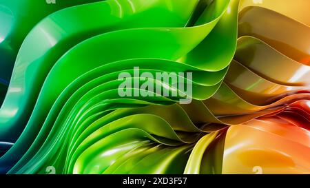 A dynamic abstract background featuring 3D waves of glossy car paint in vibrant green, yellow, and orange hues Stock Photo