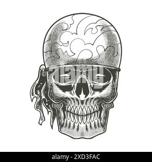 skull head with bandana hand drawn doodle vintage drawing in black white style. Pirates equipment concept vector illustration. Stock Vector