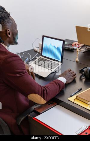 A focused businessman in a maroon suit views financial chart data on a laptop at his office workspace, surrounded by various office items and gadgets Stock Photo