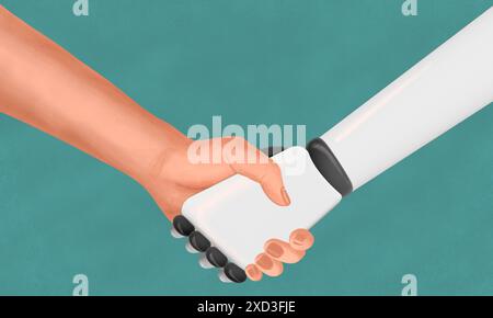 An illustration representing a human hand shaking a robotic hand against a teal background, symbolizing human-robot interaction Stock Photo