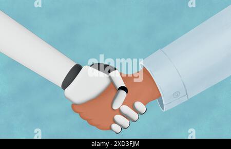 Illustration of a handshake between a digital robotic hand and a human hand, symbolizing the harmony between technology and humanity Stock Photo