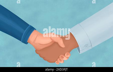 This illustration depicts a handshake between a human hand and a robotic arm, symbolizing the harmony between humanity and technology Stock Photo