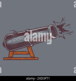 cannon hand drawn doodle vintage drawing in colorful vintage style. Pirates equipment concept vector illustration. Stock Vector