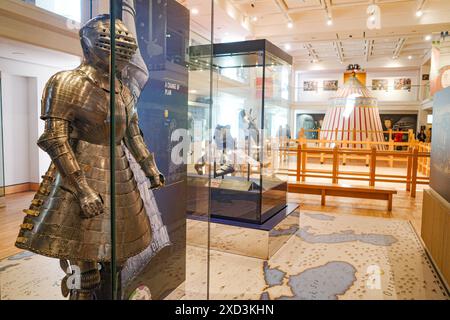 Leeds, UK - 24 Feb 2024: Henry VIII's armor and battle helmet on display at the Royal Armouries Museum, Leeds Stock Photo