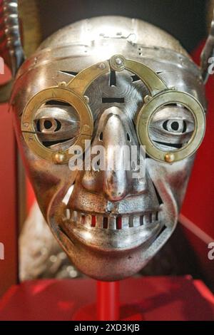 Leeds, UK - 24 Feb 2024: Henry VIII's armor and battle helmet on display at the Royal Armouries Museum, Leeds Stock Photo