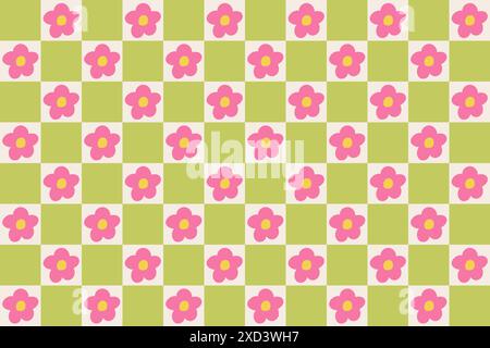 Groovy retro pattern with pink daisy flowers on beige and green checkered background. Abstract colorful design in 70s-80s style Stock Vector