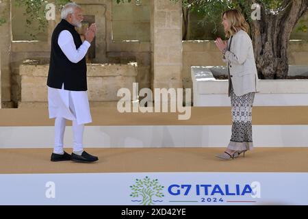 Toasts, . 14th June, 2024. Prime Minister of India Narendra Modi is welcomed by Prime Minister Giorgia Meloni during the G7 Summit in Borgo Egnazia (Brindisi), Italy, June 14, 2024. Credit: Independent Photo Agency/Alamy Live News Stock Photo