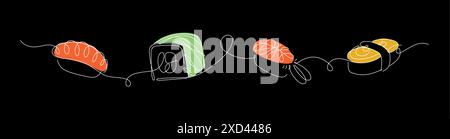 Sushi and roll panorama set drawing in linear style on black background. Stock Vector