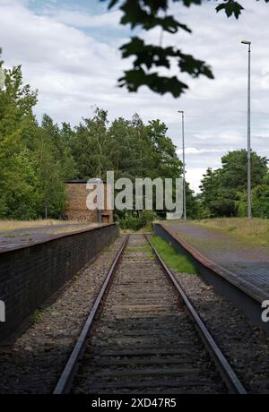 Track 17 at the Gleis 17 memorial site, former Grunewald goods station, Charlottenburg-Wilmersdorf district, Berlin, Germany Stock Photo