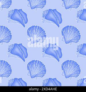 Marine pattern in blue. Ocean and sea design background with hand drawn seashells. Vector illustration Stock Vector