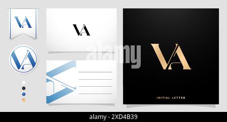 logo vector company icon element template alphabet letter VA with business card isolated background for company branding ad campaign, letterpress Stock Vector