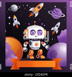 Robot in space, around the planet, rockets, stars. Background, banner Stock Vector