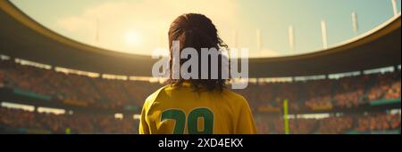 woman player standing on a soccer game field, generative ai Stock Photo