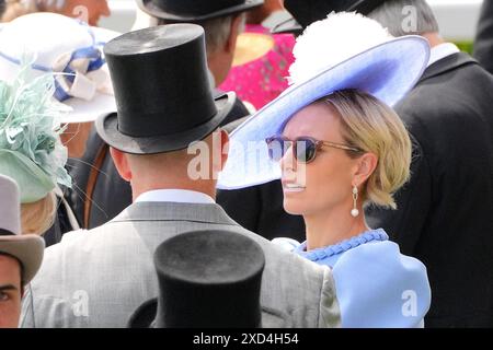 Zara Tindall (right) speaks with husband Mike Tindall (left) on day three of Royal Ascot at Ascot Racecourse, Berkshire. Picture date: Thursday June 20, 2024. Stock Photo