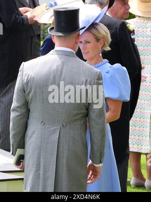 Zara Tindall (right) speaks with husband Mike Tindall (left) on day three of Royal Ascot at Ascot Racecourse, Berkshire. Picture date: Thursday June 20, 2024. Stock Photo