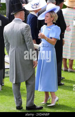 Zara Tindall (right) speaks with husband Mike Tindall (left) on day three of Royal Ascot at Ascot Racecourse, Berkshire. Picture date: Thursday June 20, 2024. Stock Photo