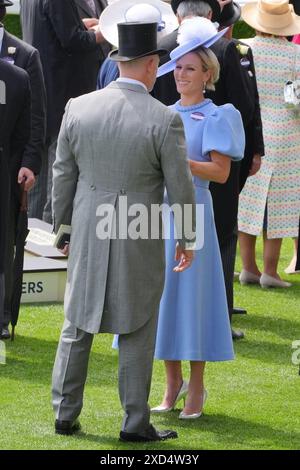 Zara Tindall (right) speaks with husband Mike Tindall (left) on day three of Royal Ascot at Ascot Racecourse, Berkshire. Picture date: Thursday June 20, 2024. Stock Photo