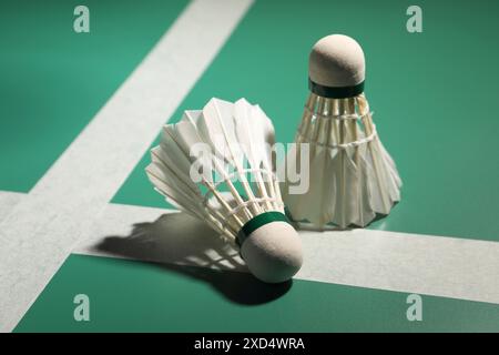 Two feather badminton shuttlecocks on green table Stock Photo