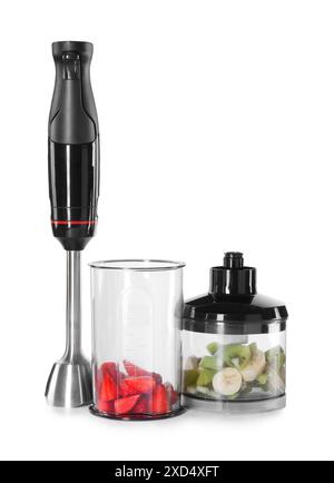 Hand blender kit, fresh fruits and strawberries isolated on white Stock Photo