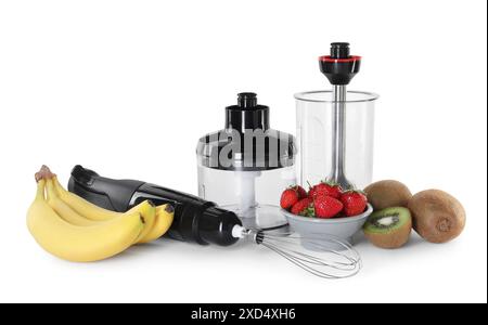 Hand blender kit, fresh fruits and strawberries isolated on white Stock Photo